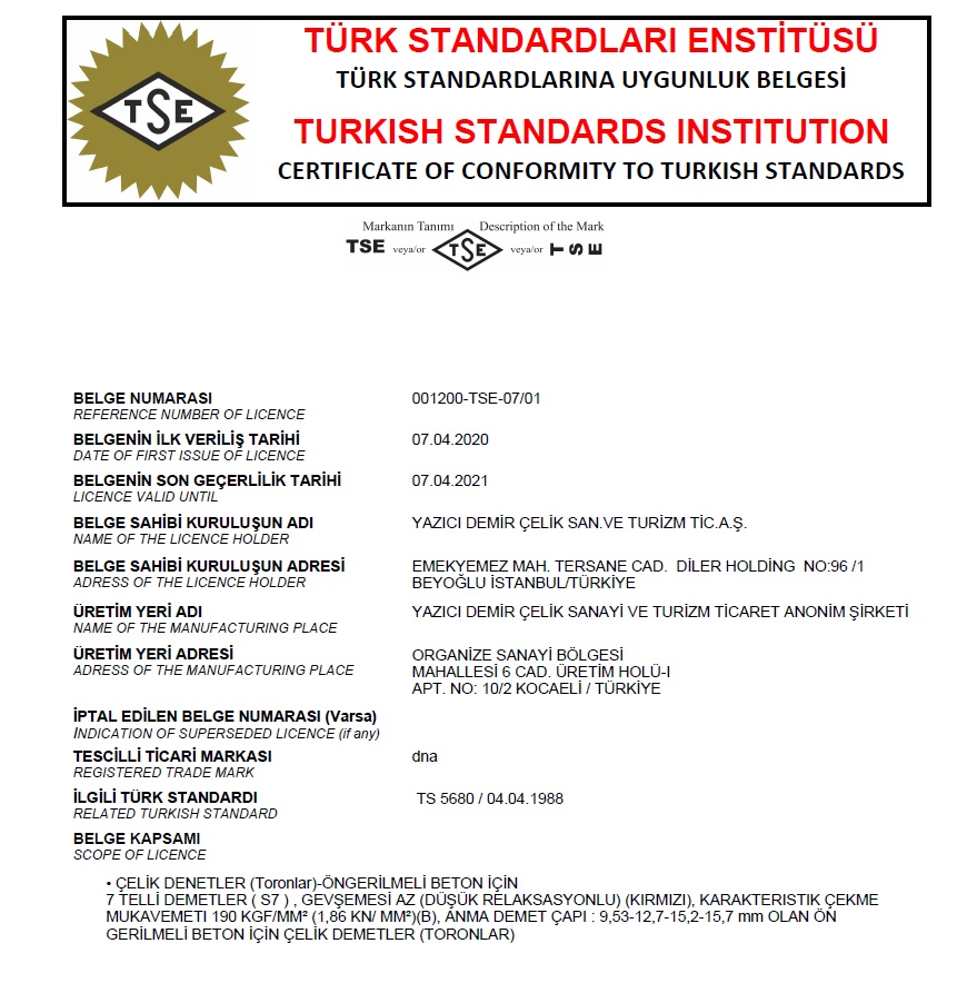 CERTIFICATE OF CONFORMITY TO TURKISH STANDARDS